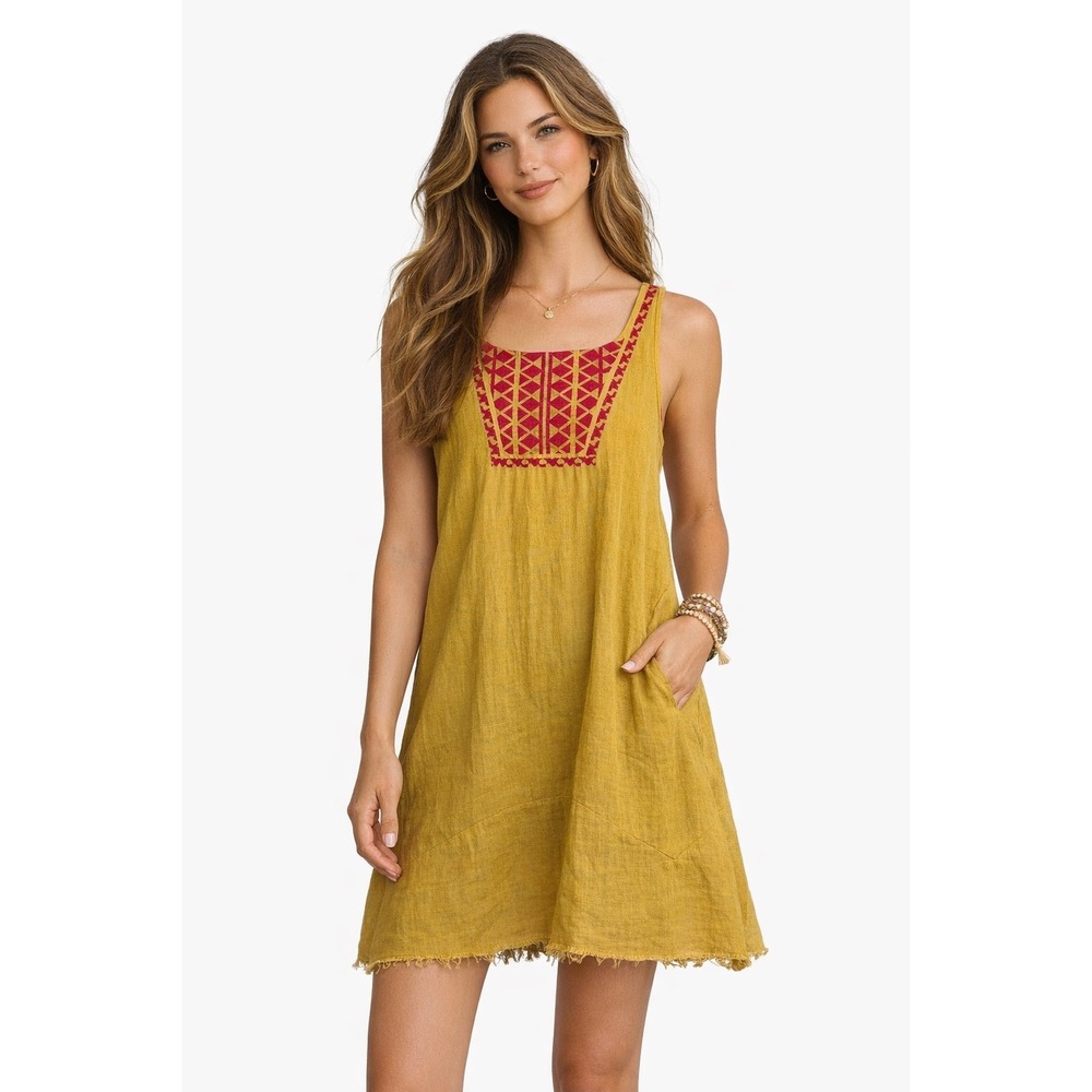 THML Boho Embroidered Dress Mustard Yellow Sleeveless Raw Hem Flowy Mini Medium